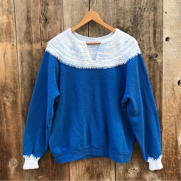 Vintage 70s-80s Reworked Grannycore Crochet Yoke Sweatshirt, XL - Picture 1 of 7